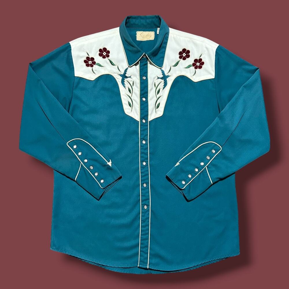 Vintage Western Shirt Pearl Snap Scully Bluebird Blue Gene Autry Mens Large